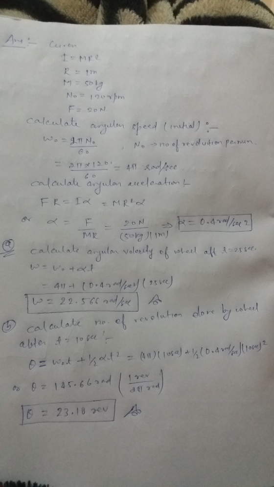 1-MRe M = 500g No 12orpon F= 200 calculate angelen speed (initial) - Wozgu No No no of revolution person = 21x120 - 41 sadfpe