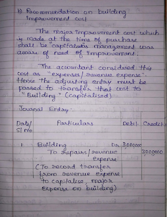 b) Recommendation on building improvement cost The major improvement cost which is made at the time of purchase shall be cap