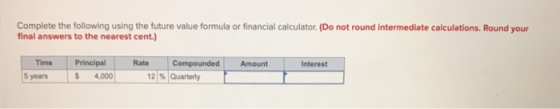 Complete the following using the future value formula or financial calculator (Do not round intermediate calculations. Round