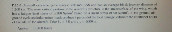 P.15.6. A small executive jet cruises at 220 m/s EAS and has an average block journey distance of 1,200 km. The most critical