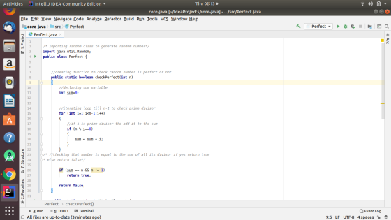 Activities IntelliJ IDEA Community Edition Thu 02:13: core-java (-/IdeaProjects/core-java] -.../src/Perfect.java File Edit Vi