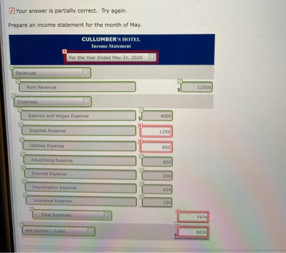 Your answer is partially correct. Try again. Prepare an income statement for the month of May. CULLUMBERS HOTEL Income State