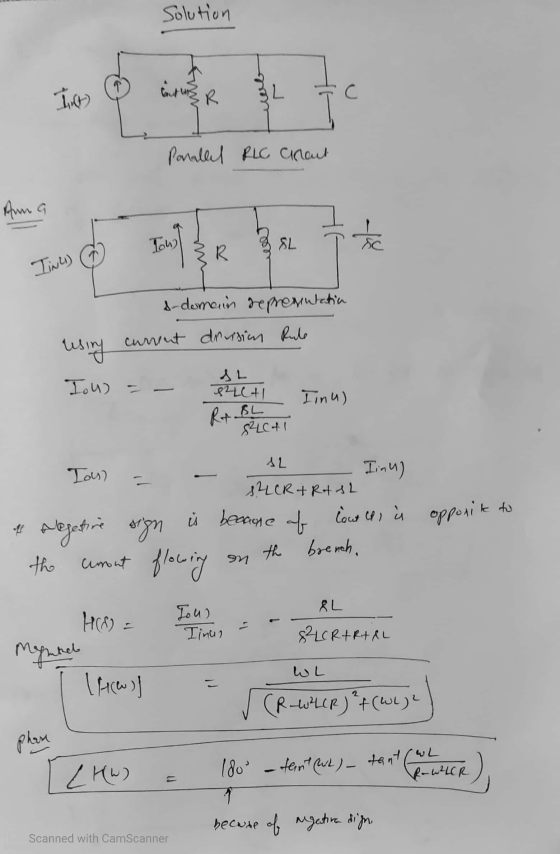 Solution Parallel RLC Greut Anna 0 Tow & R 3 TiNU) s-domain representation current division Rule using Iou) = - RA BL PLCH Ii