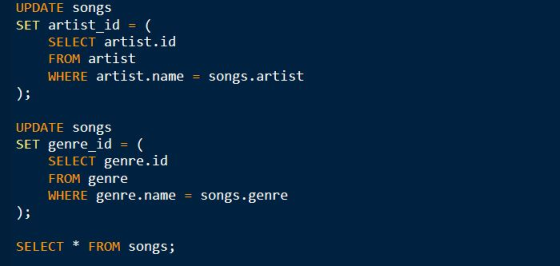 UPDATE songs SET artist_id =( SELECT artist.id FROM artist WHERE artist.name = songs.artist ); UPDATE songs SET genre_id = (