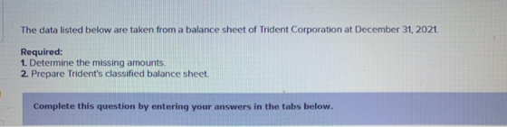 The data listed below are taken from a balance sheet of Trident Corporation at December 31, 2021. Required: 1. Determine the