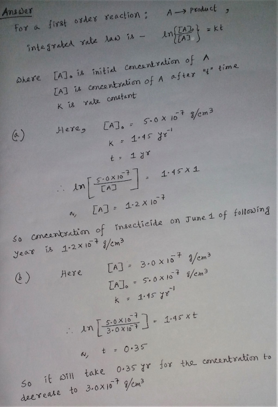 Ansder For a first osdes reaction A- Product inte grated rate law is - =kt LA shere LAJ is initid Coneantrntion of A LA] Canc