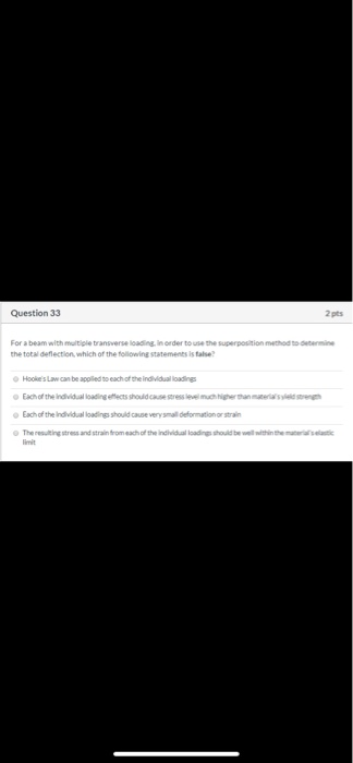 Question 33 2 pts For a beam with multiple transverse loading, in order to use the superposition method to determine the tota