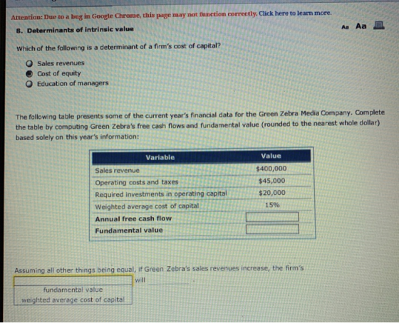 Attention: Due to a bug in Google Chrome, this page may not function correctly. Click here to learn more. Aa Aa 8. Determinants of intrinsic value Which of the following is a determinant of a firms cost of capital? O Sales revenues O Cost of equity O Education of managers The following table presents some of the current years financial data for the Green Zebra Media Company. Complete the table by computing Green Zebras free cash flows and fundamental value (rounded to the nearest whole dollar) based solely on this years information: Value $400,000 $45,000 $20,000 15% Variable Sales revenue Operating costs and taxes Required investments in operating capital Weighted average cost of capital Annual free cash flow Fundamental value Assuming all other things being equal. if Green Zebras sales revenues increase, the firms will fundamental value weighted average cost of capital