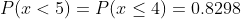 P(x<5)=P(x\leq 4)=0.8298