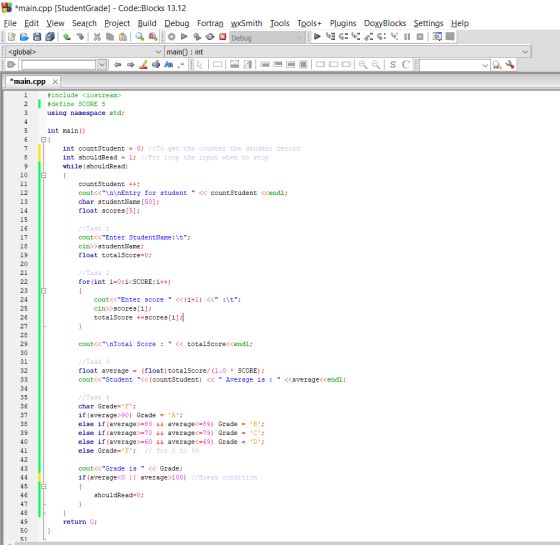 main.cpp [StudentGrade] - Code:Blocks 13.12 Eile Edit View Search Project Build Debug Fortran wxSmith Tools Tools+ Plugins Do