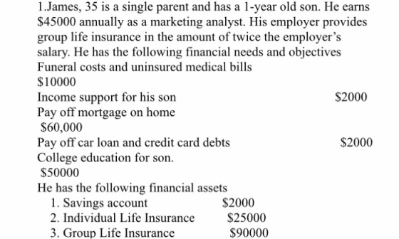 1.James, 35 is a single parent and has a 1-year old son. He earns $45000 annually as a marketing analyst. His employer provid