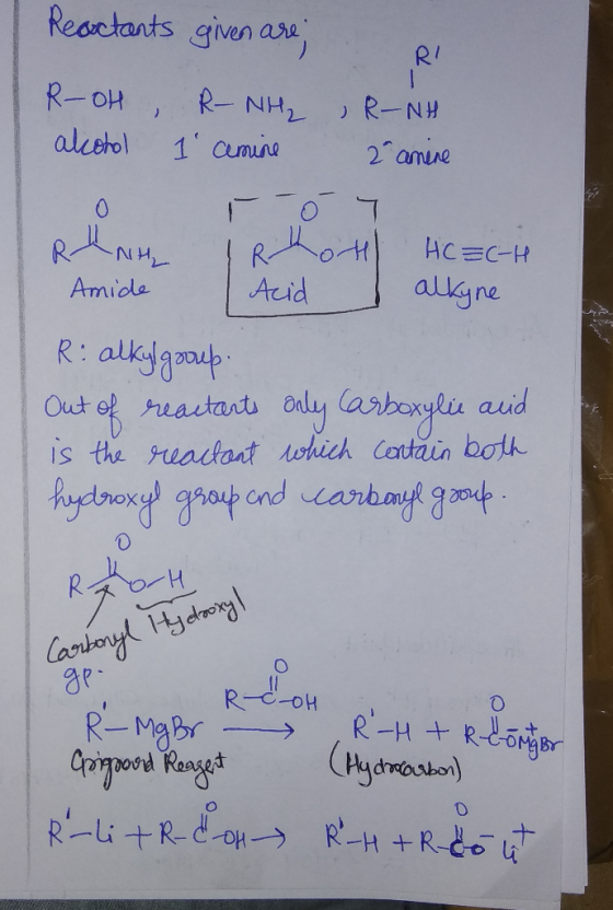 Reactants R-OH alcohol given are; RI R-NH2 , R-NH 1 amine 20 amire RANH IRhot HC=C-H Amide Acid alkyne R: alkylgroup. Out of