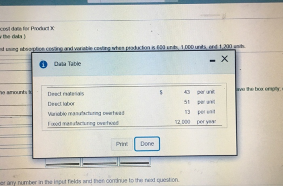 cost data for Product X: the data) st using absorption costing and variable costing when production is 600 units, 1,000 units