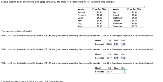 Lenovo uses the ZX-81 chip in some of its laptop computers. The prices for the chip during the last 12 months were as follows