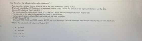 New Store has the following information at August 31 . Two deposits made on August 31 were not on the bank statement, totalin