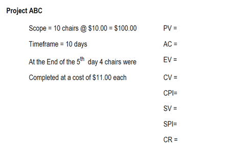Scope = 10chairs @ $10.00-$100.00 Timeframe 10 days At the End of the 5th day 4 chairs were Completed at a cost of $11.00 each PV: AC EV CPI- sv=