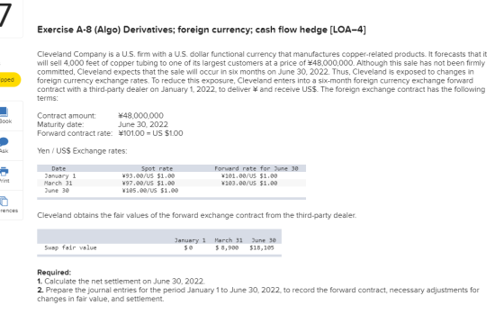 Exercise A-8 (Algo) Derivatives; foreign currency; cash flow hedge [LOA-4] Cleveland Company is a U.S. firm with a U.S. dolla
