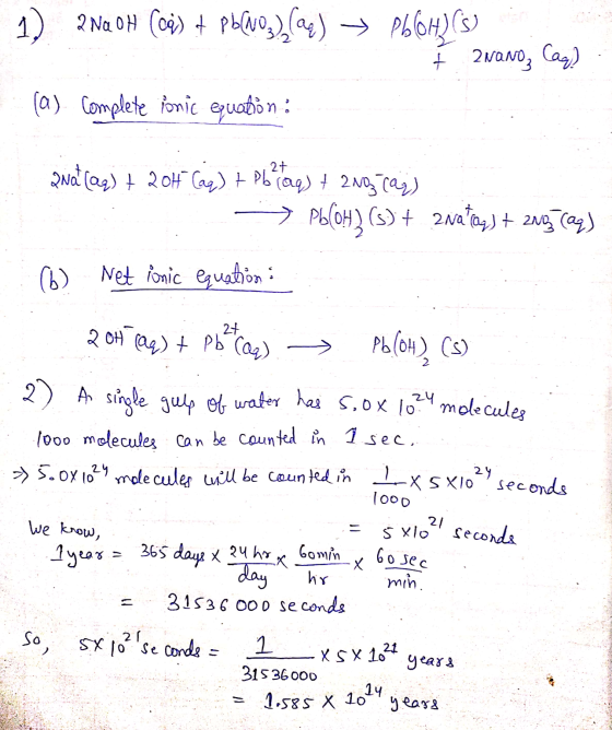 1) INQ OH (c) + Pb(voz),(q) → Pb(H) (s) + 2NaNO, Caq) (a) complete ionic equation: 27 20a (aq) + 2014 (aq) + Pb (aq) + 2NO3(a