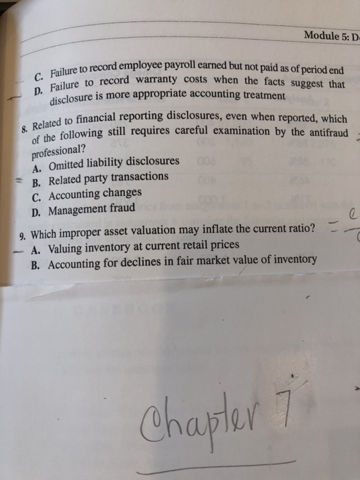 Module 5:D C. Failure to record emnl D. Failure to record me to record employee payroll earned but not paid as of period end