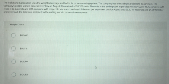 The Richmond Corporation uses the weighted average method in its process costing system. The company has only a single proces