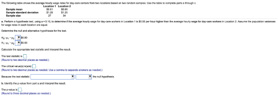 The following table shows the average hourly wage rates or day-care centers from two locations based on two random samples. Use the table to complete parts a through c Location 1 Location 2 Sample mean Sample standard deviation Sample size $9.61 $1.28 27 $8.65 $1.25 34 a. Per or a hypothesis test using α =0.10 to determine e average hourly wage or day-care workers n Location 1 s $0.50 per hour higher than the average houry wage or day-care workers in Location 2 Assume the population variances for wage rates in each location are equal. Determine the null and alternative hypotheses for the test. Ho:H5-H2| |$0.50 H1 : μι_H2| |$0.50 Calculate the appropriate test statistic and interpret the result. The test statistic is Round to two decimal places as needed.) The critical value(s) is(are) Round to two decimal places as needed. Use a comma to separate answers as needed.) Because the test statistic the null hypothesis. b. Identify the p-value from part a and interpret the result The p-value is Round to three decimal places as needed.)