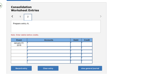 Consolidation Worksheet Entries Prepare entry A Note: Enter debits before credits. Event January 01 2016 Accounts Debit Credit Record entry Clear entry view general journal