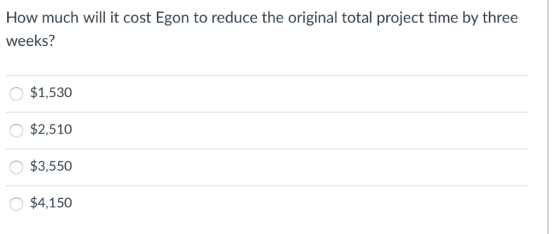 How much will it cost Egon to reduce the original total project time by three weeks? $1,530 $2,510 $3,550 $4,150