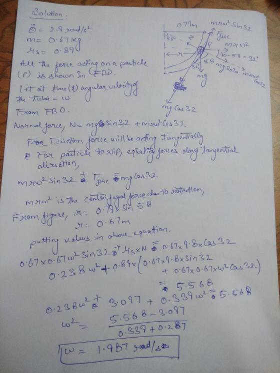 Solution olim mrw² Sin32 P58 In juc 18. merw2 10-58 = 32 Ö. 2.8 gead/st m= 0.67 o bring Ms= 0.89 All the force acting acting