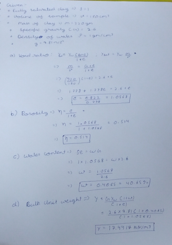 Civen Eully saluatecl clay S= Loume omple lay m 320ym &pecifrc gairty C) = 2.6 Densityo waler 9-9.810/s P-1gmicm3 a) Vod rati