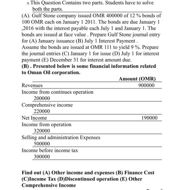 3. This Question Contains two parts. Students have to solve both the parts. (A). Gulf Stone company issued OMR 400000 of 12 %
