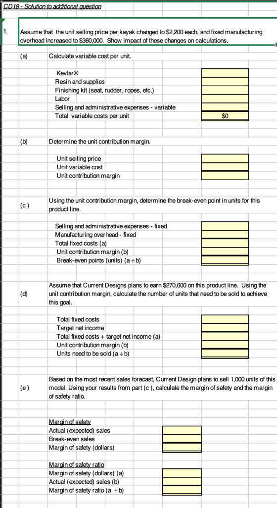 CD19 - Solution to additional question Assume that the unit selling price per kayak changed to $2,200 each, and fixed manufac