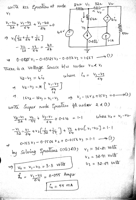 write KCL Equatias at node 240 V, 32n V2 It Vo V 640 2 s viltat tet ti] che una certa 400 m 4 12 ! 0.200 놀 0.0885 V/-0.03125V