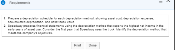 Requirements 1. Prepare a depreciation schedule for each depreciation method, showing asset cost, depreciation expense, accum