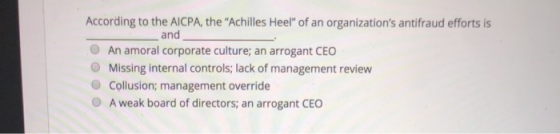 According to the AICPA, the Achilles Heel of an organizations antifraud efforts is and An amoral corporate culture; an arr