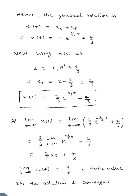 Hence the general solution es. relt) = ne tep - 3/5 t x (+) = cie + wie Now using nco) = 2 2 c, e + 4 3 ci = 2- ㅠ wif 235 -31