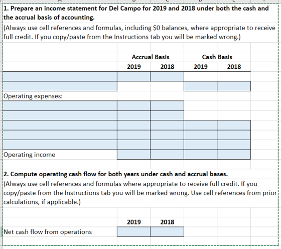 1. Prepare an income statement for Del Campo for 2019 and 2018 under both the cash and the accrual basis of accounting. (Alwa