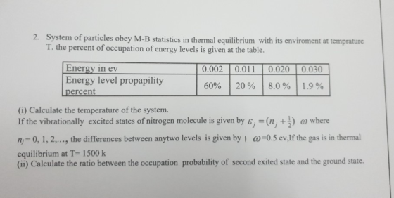 2. System of particles obey M-B statistics in thermal equilibrium with its enviroment at temprature T. the percent of occupat