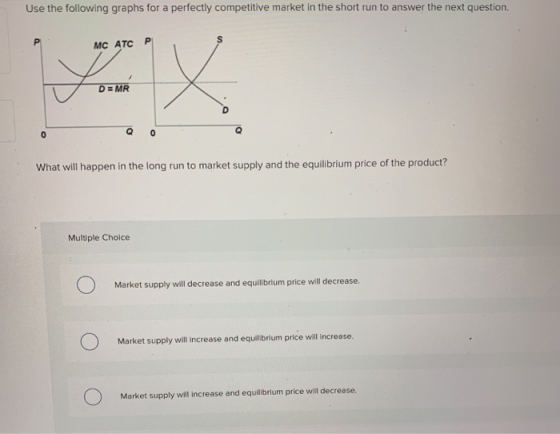 Use the following graphs for a perfectly competitive market in the short run to answer the next question. MC ATC P D MR 0 Wha