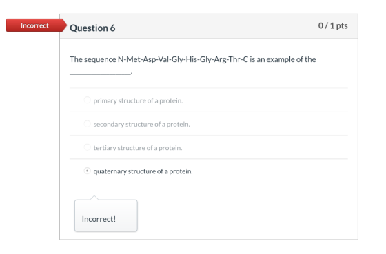 Incorrect Question 6 0/1 pts The sequence N-Met-Asp-Val-Gly-His-Gly-Arg-Thr-C is an example of the primary structure of a pro
