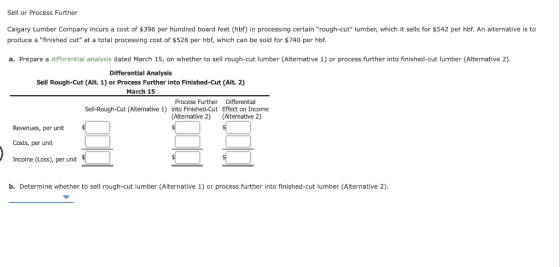 Sell or Process Further Calgary Lumber Company incurs a cost of $396 per hundred board feet (hbf) in processing certain roug