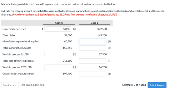 Manufacturing cost data for Orlando Company, which uses a job order cost system, are presented below. Indicate the missing am