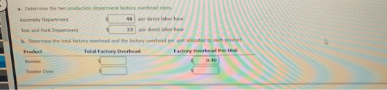 a. Determine the two production department factory overhead rates. Assembly Department 48 per direct labor hour Test and Pack
