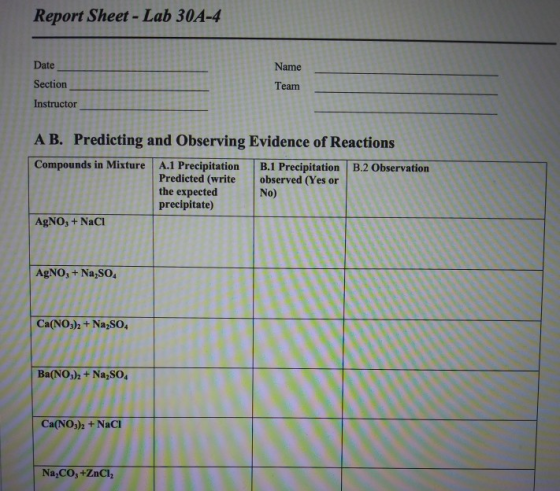 Report Sheet - Lab 30A-4 / Date Name / Section Team / Instructor / / A B. Predicting and Observing Evidence of Reactions Comp