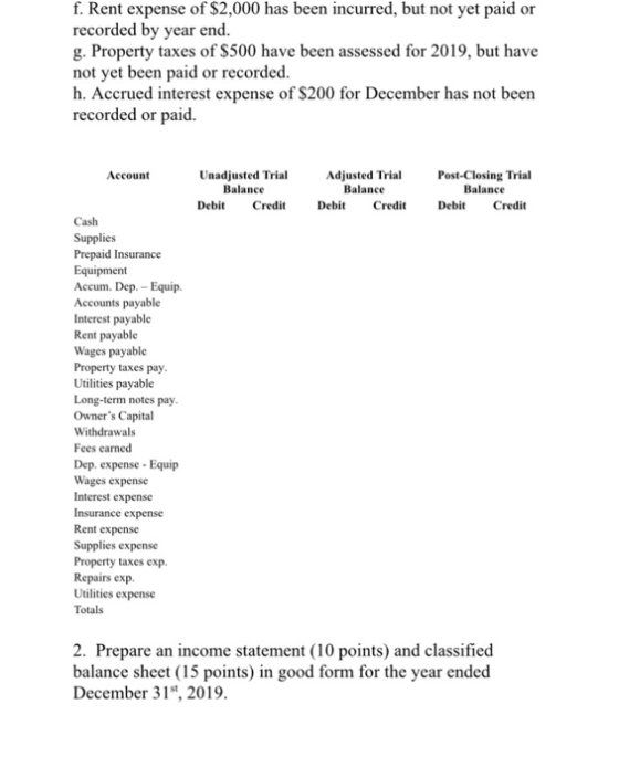 f. Rent expense of $2,000 has been incurred, but not yet paid or recorded by year end. g. Property taxes of $500 have been as