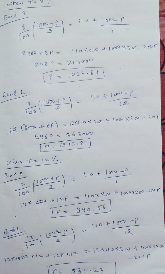 when r= 8 %. Bonds llow tel 110 t lovop 1 8000 + op = llox200 tlow X 200 2001 208 p = 214000 Bond Te = 1023.84] y 3 (1000+P)