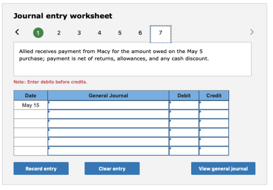 Journal entry worksheet < 1 2 3 4 5 6 Allied receives payment from Macy for the amount owed on the May 5 purchase; payment is