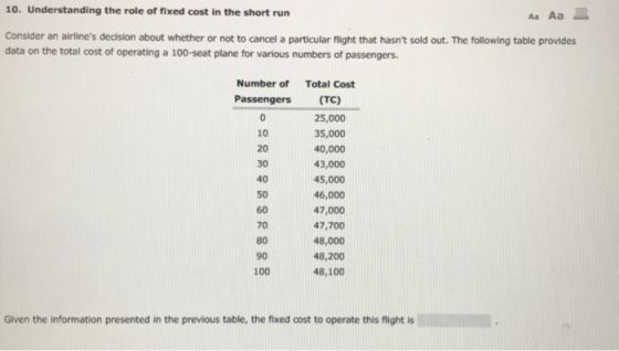 10. Understanding the role of fixed cost in the short run A Aa 3 Consider an airlines decision about whether or not to cance