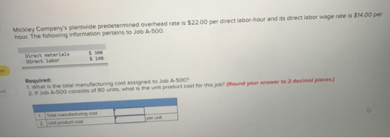 Mickley Companys plantwide predetermined overhead rate is $22.00 per direct labor-hour and its direct labor wage rate is $14