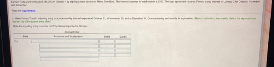 Farraro Restaurant borrowed $150,000 on October 1 by signing a note payable to Metro One Bank. The interest expense for each