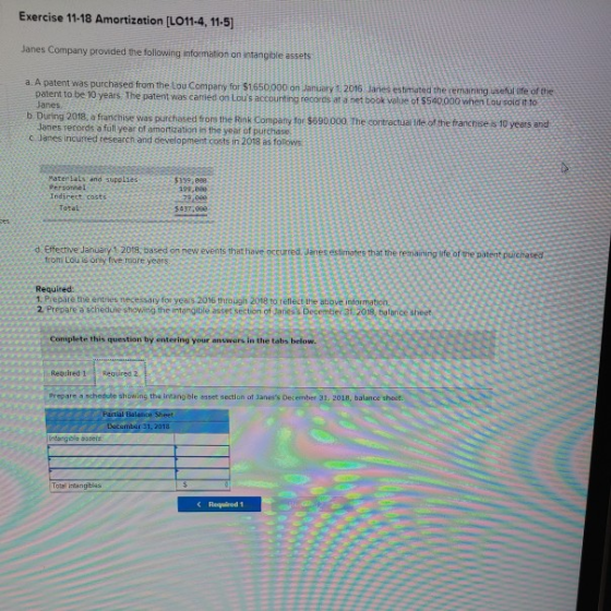 Exercise 11-18 Amortization (LO11-4, 11-5] Janes Company provided the following information on intangible assets a. A patent